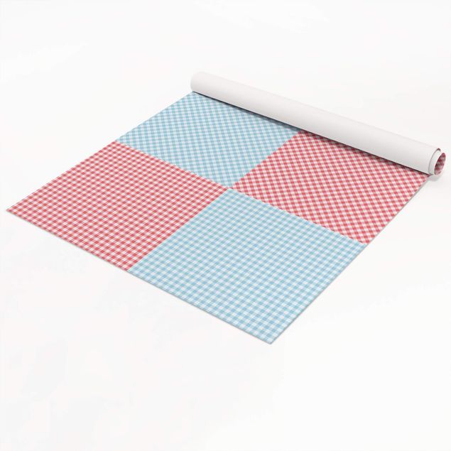 Carta Adesiva per Mobili - Disegno a quadri e quadrati in blu pastello e vermiglio