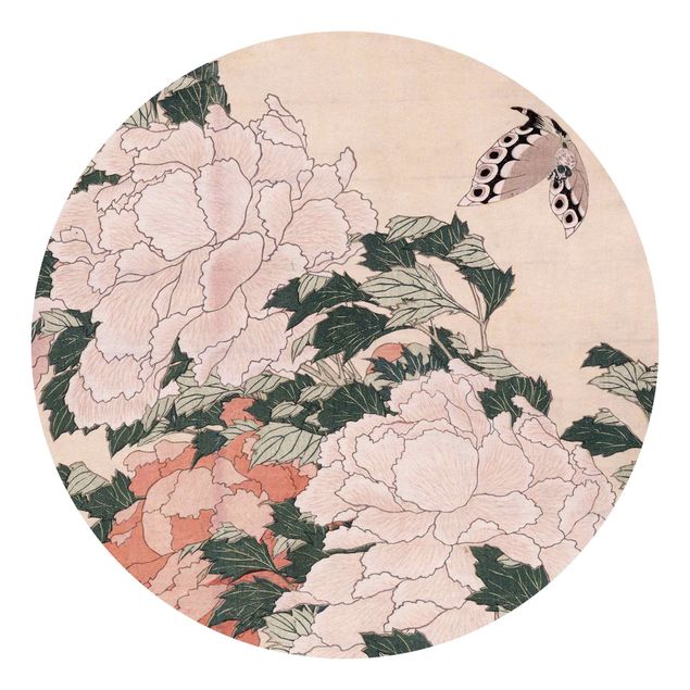 Carta da parati rotonda autoadesiva - Peonie rosa con la farfalla - Katsushika Hokusai