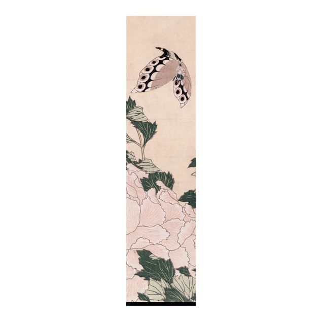 set tende a pannello Katsushika Hokusai - Peonie rosa con farfalla