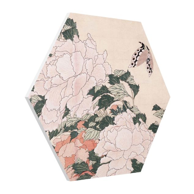 Esagono in forex - Katsushika Hokusai - Peonie rosa con farfalle