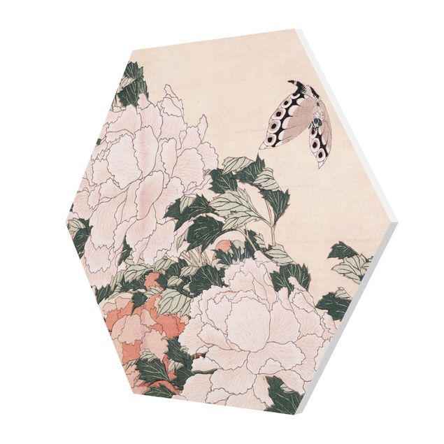 Esagono in forex - Katsushika Hokusai - Peonie rosa con farfalle