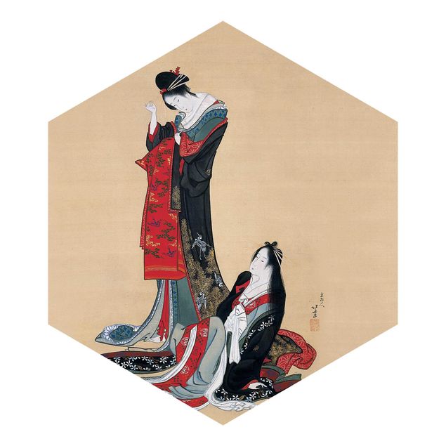 Carta da parati esagonale adesiva con disegni - Katsushika Hokusai - Due cortigiane