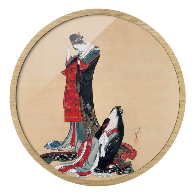 Quadro rotondo incorniciato - Katsushika Hokusai - Due cortigiane
