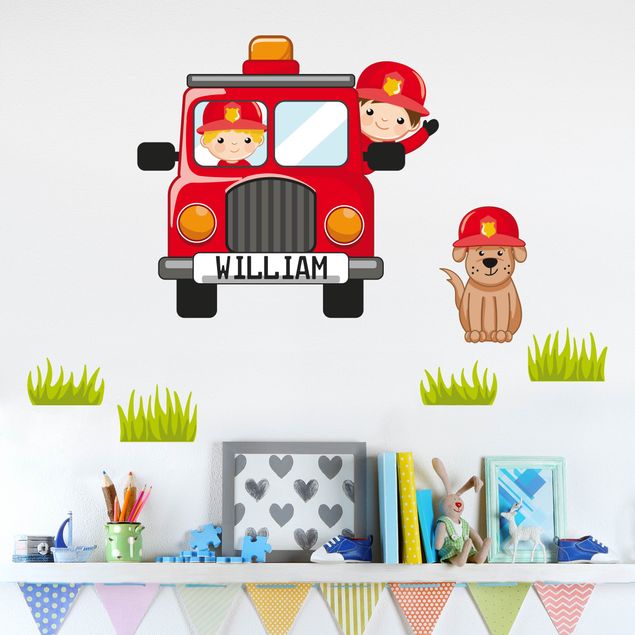 Adesivo murale per bambini - Set di pompieri - Con nome personalizzato