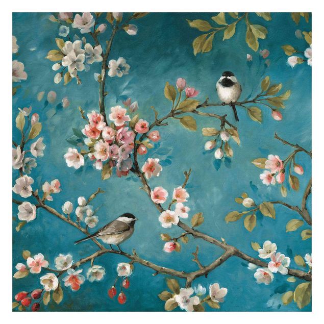 Carta da parati - Rami di ciliegio in fiore su sfondo blu