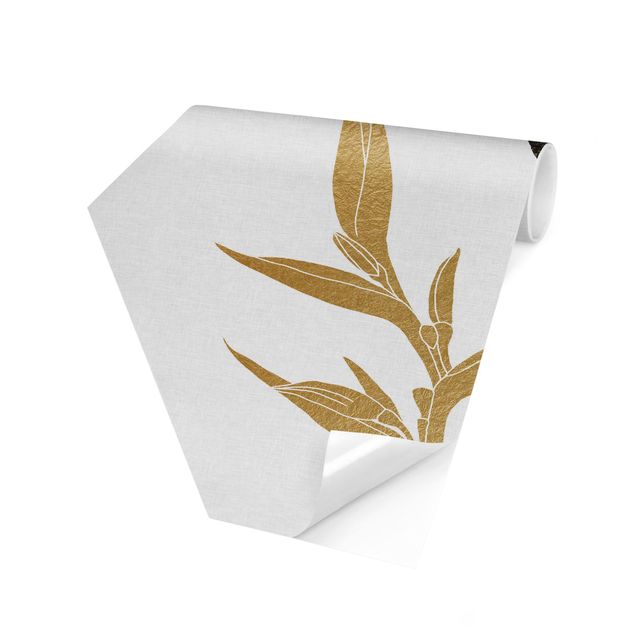 Carta da parati esagonale adesiva con disegni - Colibrì e fiore tropicale dorato II