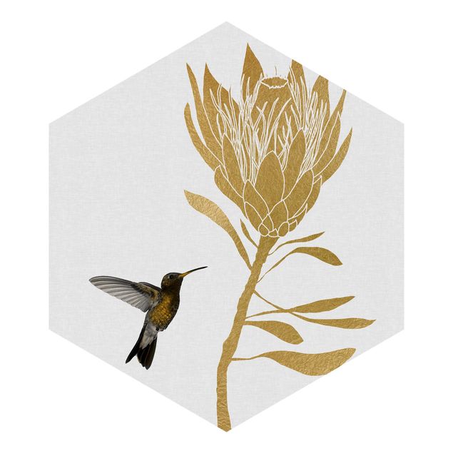Carta da parati esagonale adesiva con disegni - Colibrì e fiore tropicale dorato