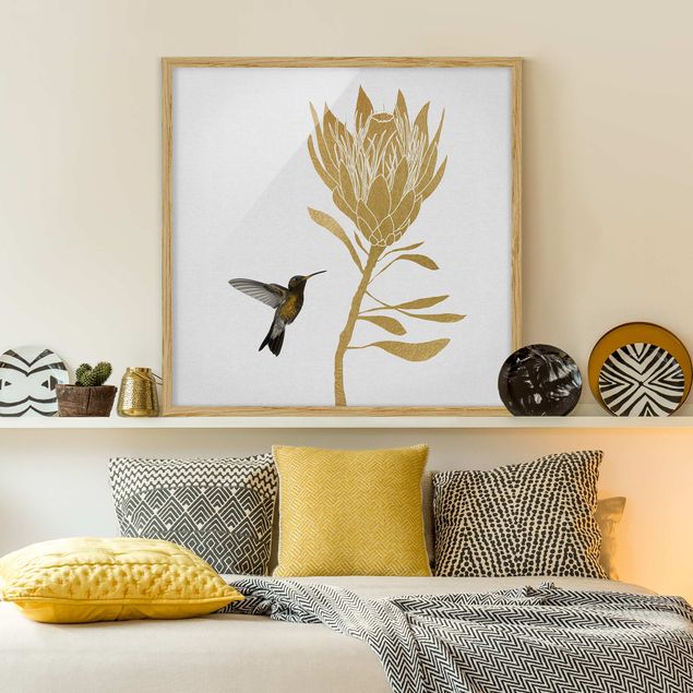 Poster con cornice - Colibrì e fiore tropicale dorato
