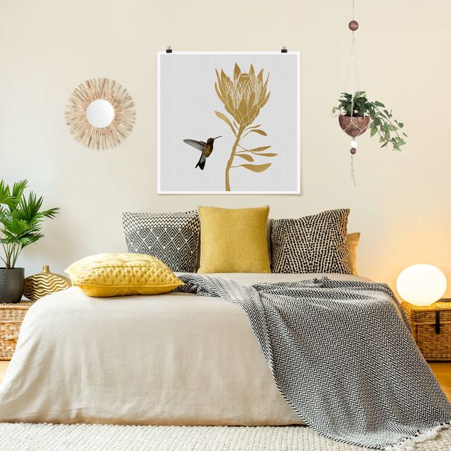 Poster cameretta bambini animali Colibrì e fiore d'oro tropicale