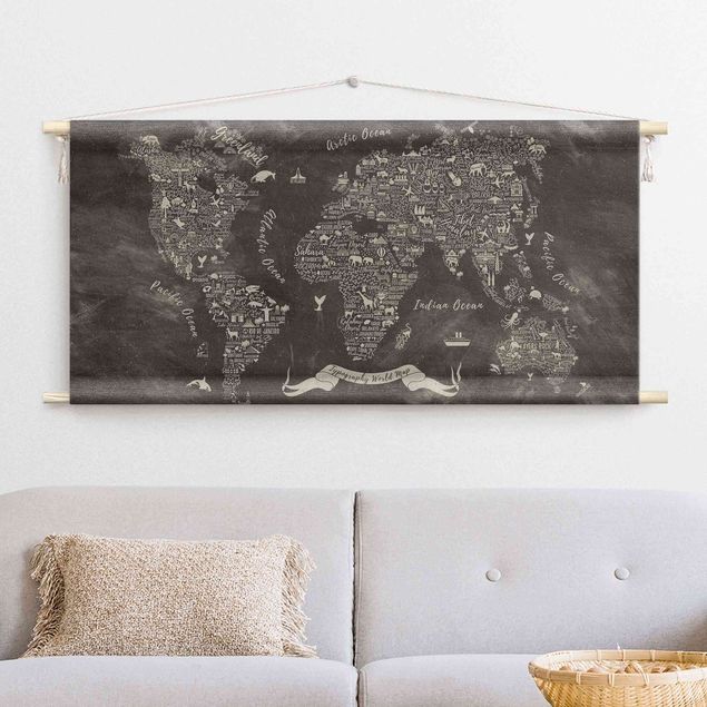 Arazzi da parete mappa del mondo Planisfero con tipografia in gesso