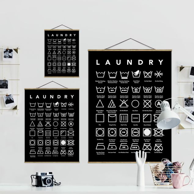 Foto su tessuto da parete con bastone - Laundry Symbols bianco e nero - Verticale 3:4