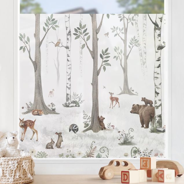 Pellicola per vetri per salone Silenziosa foresta bianca con animali