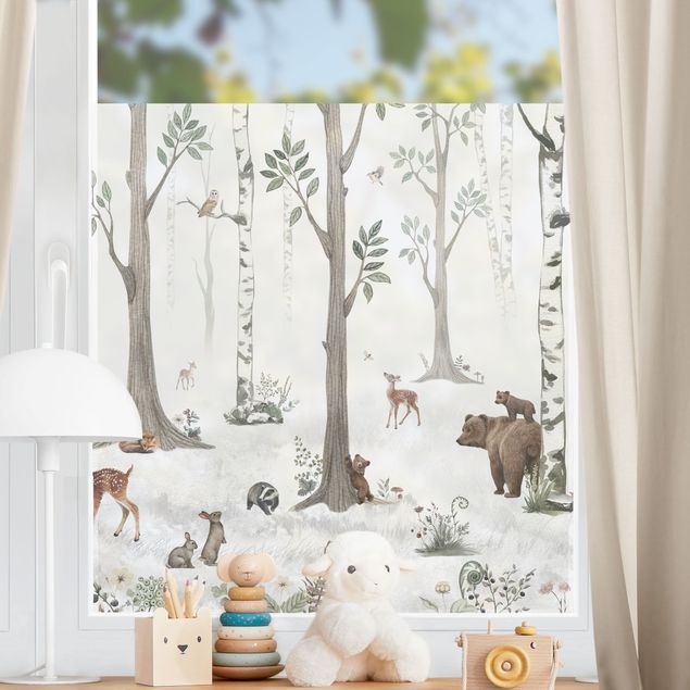 Pellicola per vetri colorata Silenziosa foresta bianca con animali