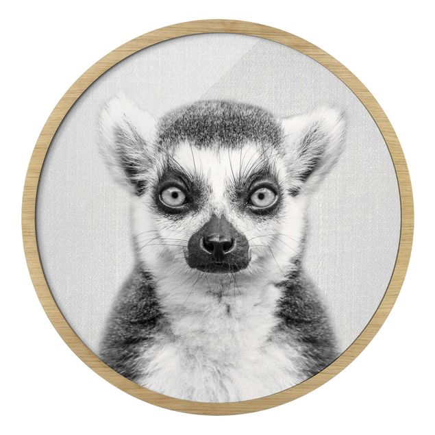 Quadro rotondo incorniciato - Lemure Ludwig in bianco e nero
