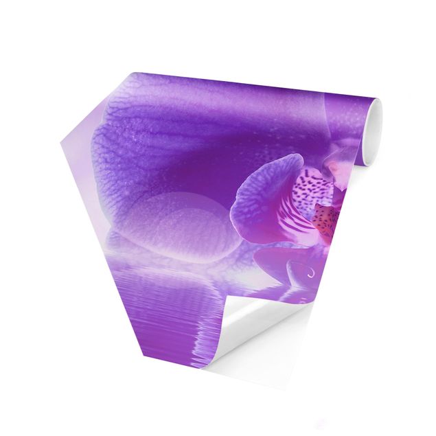 Carta da parati esagonale adesiva con disegni - Orchidea viola sull'acqua