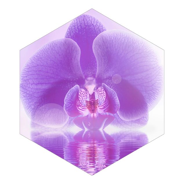 Carta da parati esagonale adesiva con disegni - Orchidea viola sull'acqua