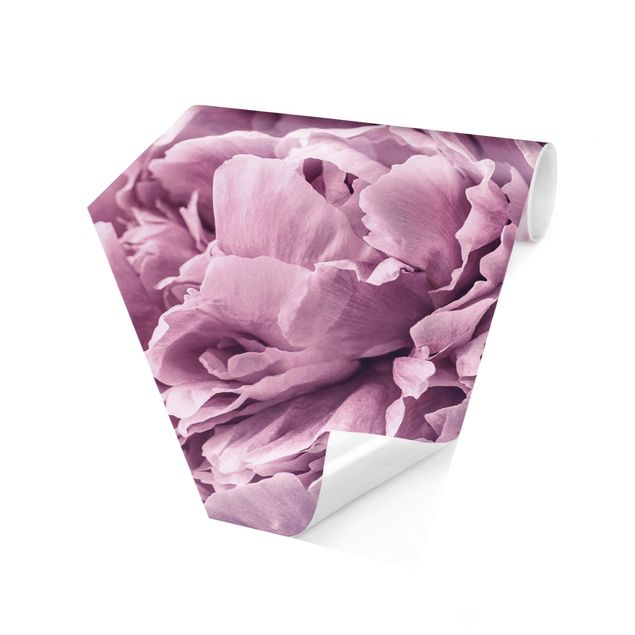 Carta da parati esagonale adesiva con disegni - Peonie lilla in fiore