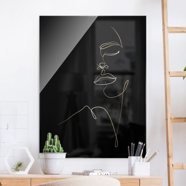 Lavagna magnetica vetro Line Art - Viso di donna floreale nero