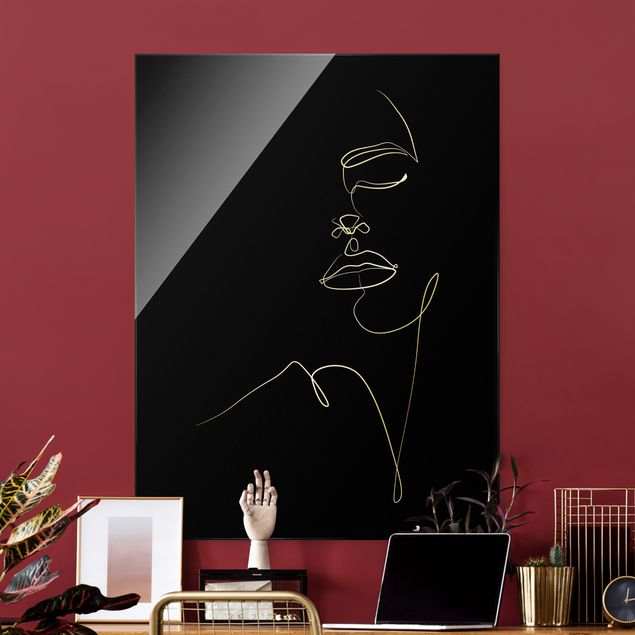 Quadro in vetro - Line Art - Volto di donna floreale in nero - Formato verticale