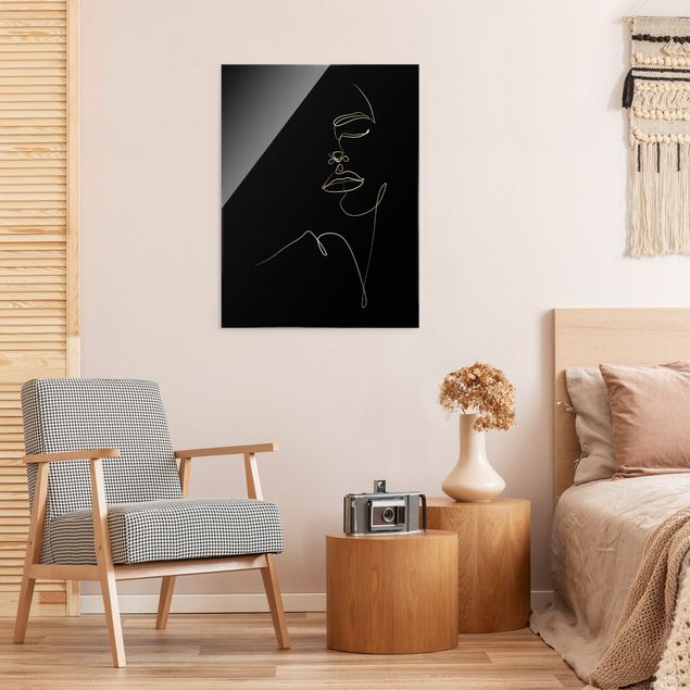 Quadro in vetro - Line Art - Volto di donna floreale in nero - Formato verticale