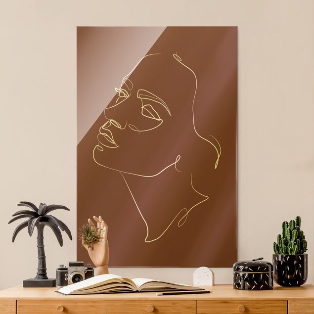 Quadro in vetro - Line Art - Donna con viso sognante in rosso - Formato verticale