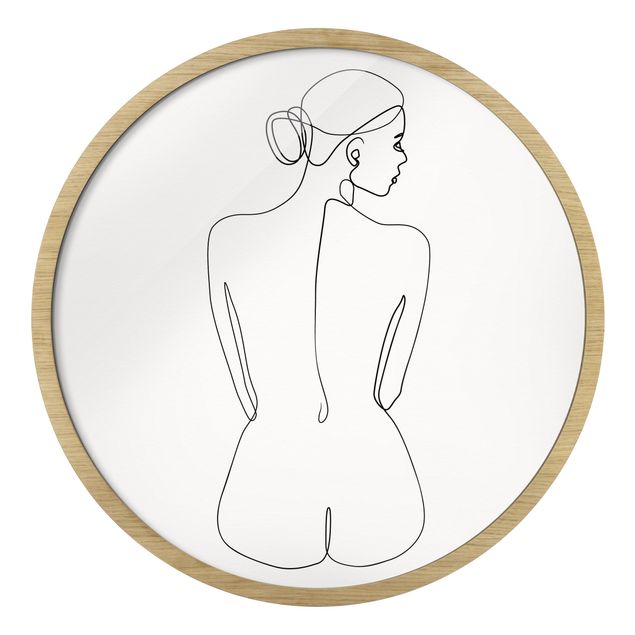 Quadro rotondo incorniciato - Line Art nudo di schiena femminile in bianco e nero