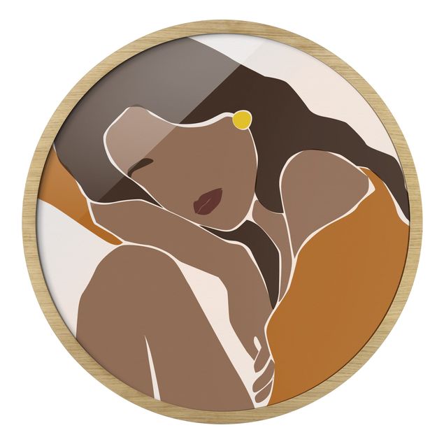 Quadro rotondo incorniciato - Line Art donna in marrone e beige