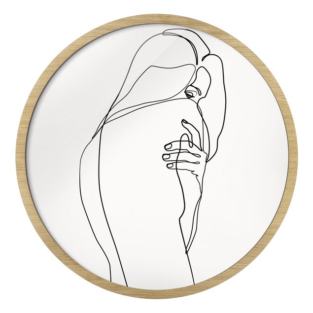 Quadro rotondo incorniciato - Line Art nudo femminile di spalle bianco e nero