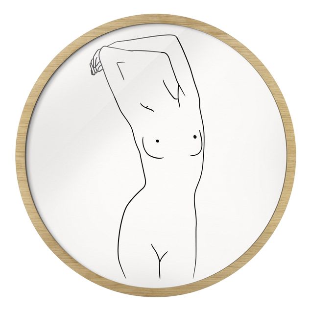 Quadro rotondo incorniciato - Line Art nudo femminile in bianco e nero