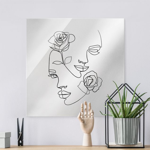 Lavagna magnetica vetro Line Art - Volti di donna Rose Bianco e Nero