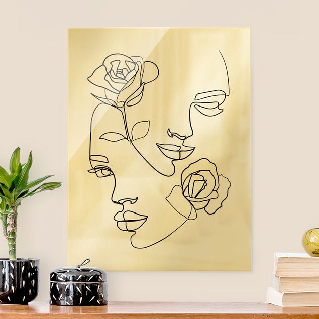 Lavagna magnetica vetro Line Art - Volti di donna Rose Bianco e Nero
