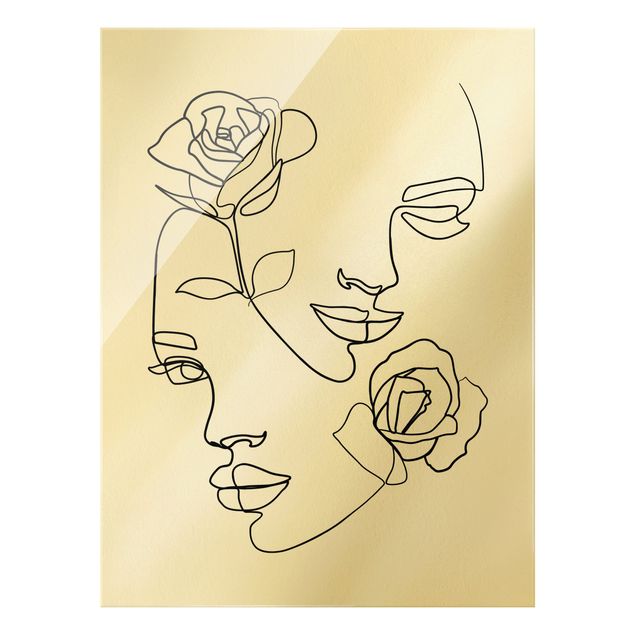 Quadro in vetro - Line Art volti femminili e rose in bianco e nero - Formato verticale