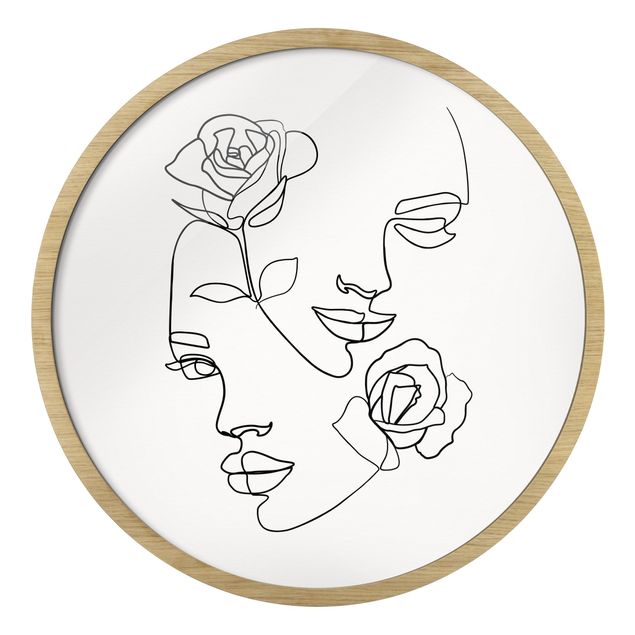 Quadro rotondo incorniciato - Line Art volti femminili e rose in bianco e nero