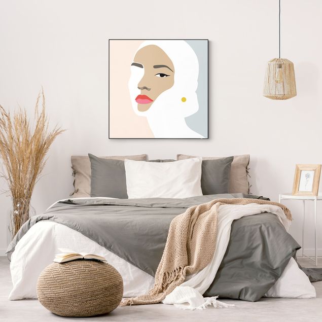 Frame da parete con tessuto in tensione con quadro intercambiabile classico Line Art ritratto di donna in pastello grigio