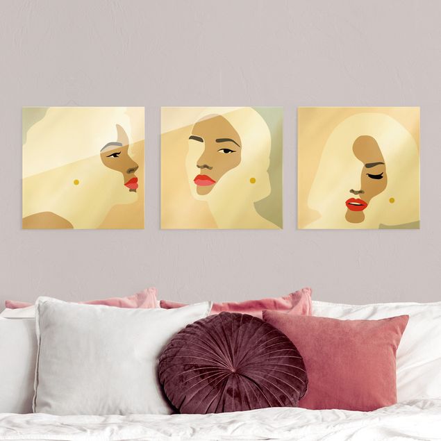 Quadro in vetro - Line Art ritratto di donne in pastello set - 3 parti