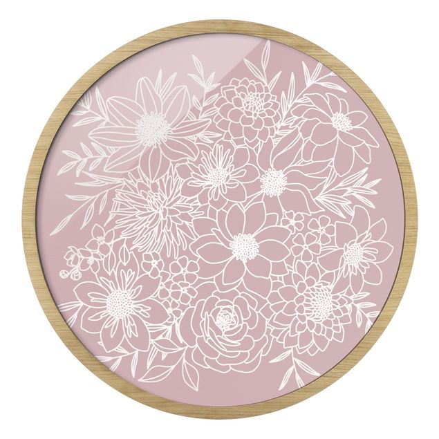 Quadro rotondo incorniciato - Line art fiori in rosa antico