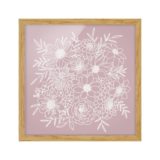 Poster con cornice - Line art fiori in rosa antico