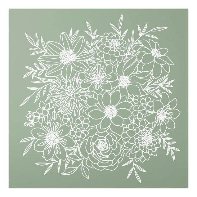 Quadro in vetro - Line art fiori in verde - Quadrato 1:1