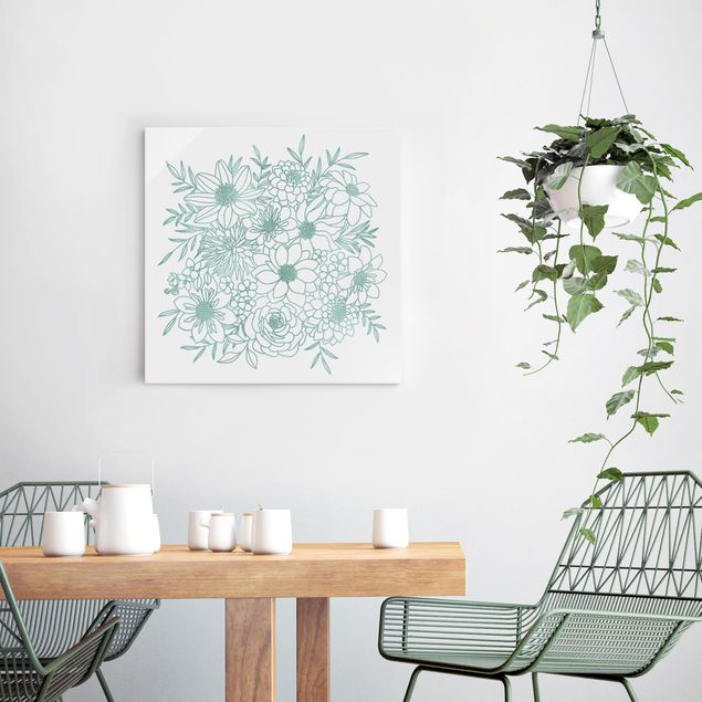 Quadro in vetro - Line art fiori in verde metallico - Quadrato 1:1