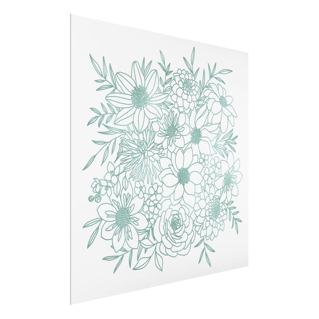 Quadro in vetro - Line art fiori in verde metallico - Quadrato 1:1