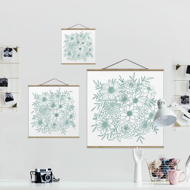 Foto su tessuto da parete con bastone - Line art fiori in verde metallico