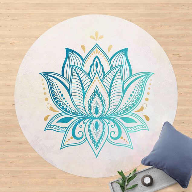 Tappeto per balcone Illustrazione di loto Mandala Oro Blu