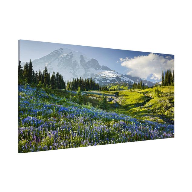 Lavagna magnetica per ufficio Prato di montagna con fiori davanti al monte Rainier