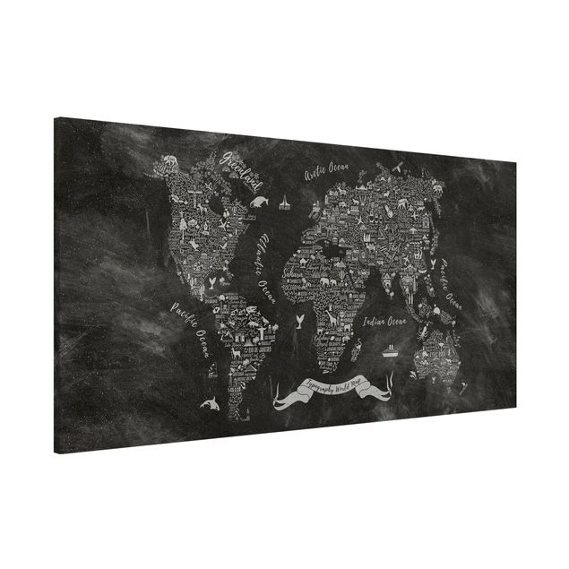 Lavagna magnetica nero Mappa del mondo in gesso tipografico