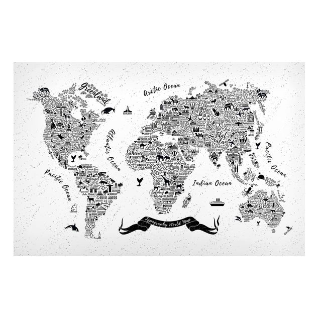 Lavagna magnetica bianco Mappa del mondo - tipografica bianca