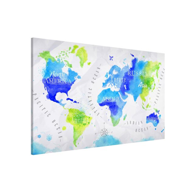 Lavagna magnetica per ufficio Mappa del mondo Acquerello Blu Verde
