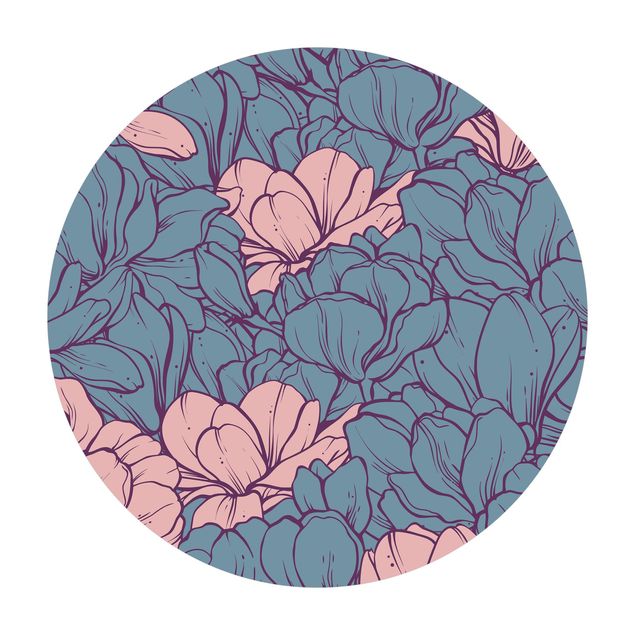 Tappeto in vinile rotondo - Mare di fiori di magnolia in rosa antico e petrolio