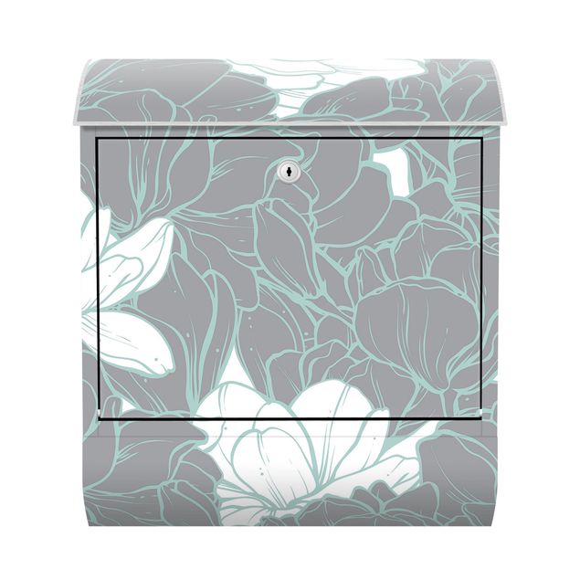 Cassetta postale - Mare di fiori di magnolia in bianco grigio e menta
