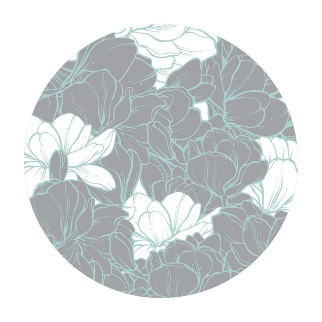 Tappeto in vinile rotondo - Mare di fiori di magnolia in bianco grigio e menta