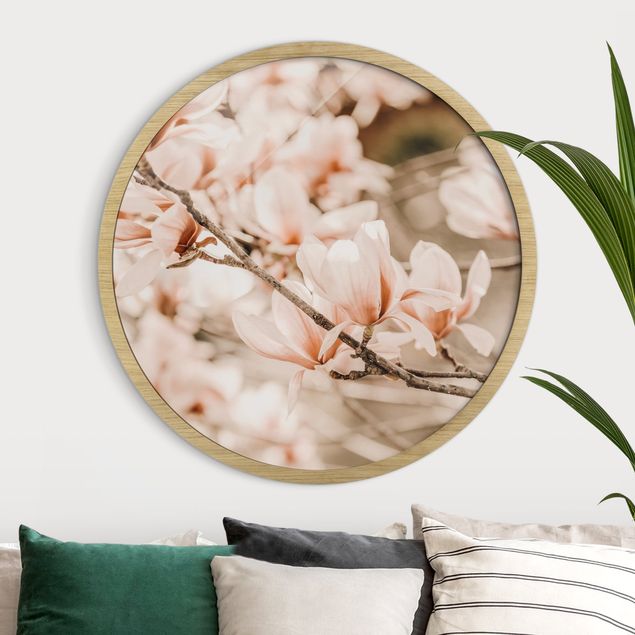 Poster con cornice rotonda Ramoscello di magnolia in stile vintage